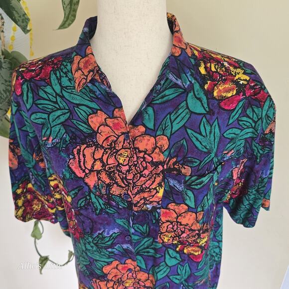 Colorful Vtg Floral Beach Hawaiian Short Sleeve Button Shirt Blue Purple Green L - Picture 6 of 9